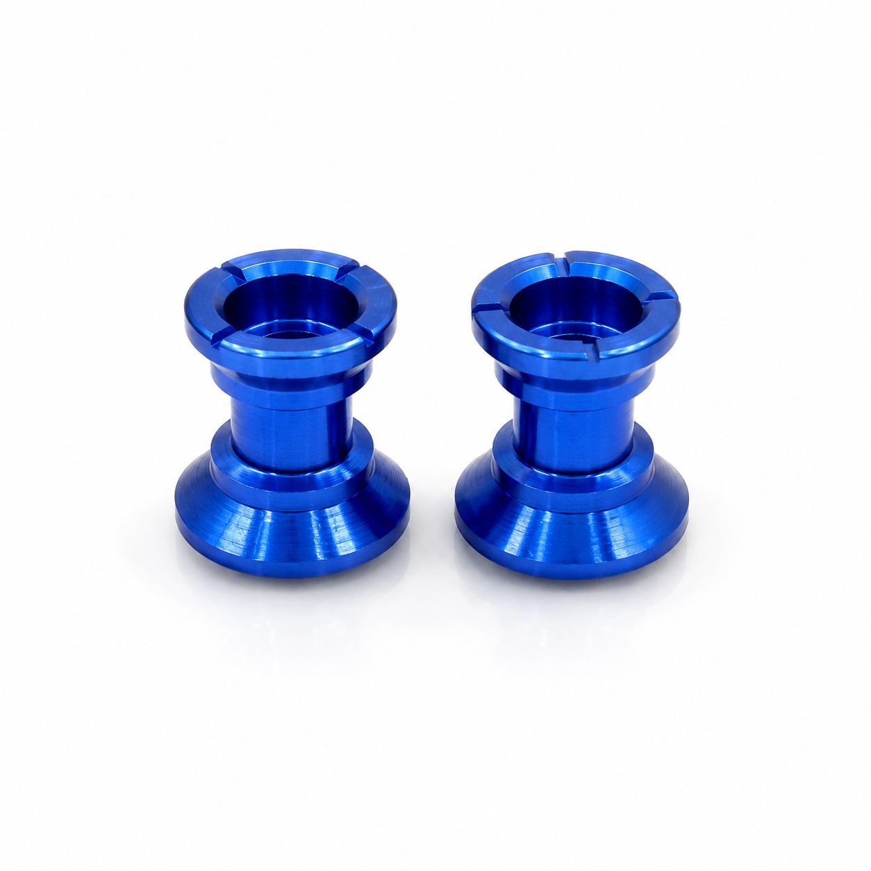 mini4wd_blue_aluminum_spool_pair_web_optimized 9-8mm Double Section Rollers (Pair) – Blue - Image 1